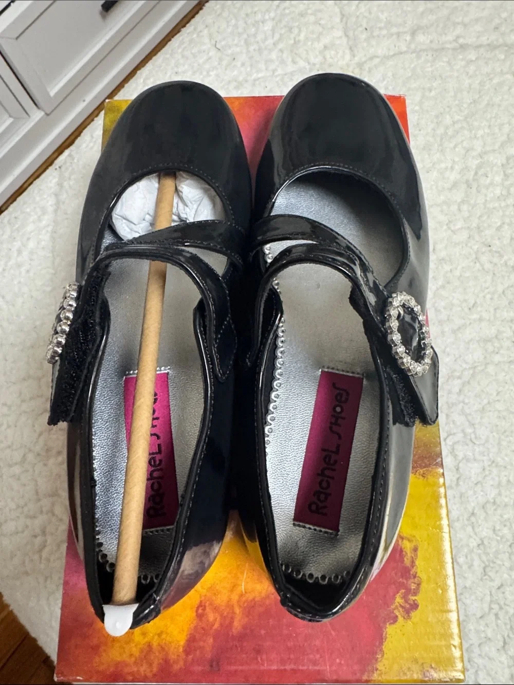 Rachel Shoes Black Patent Mary Jane with Rhinestone Buckle